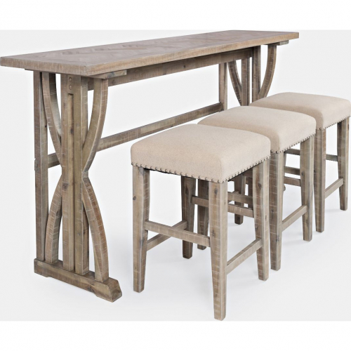 Fairview Counter Sofa Table Set with 3 Stools in Distressed Ash Finish